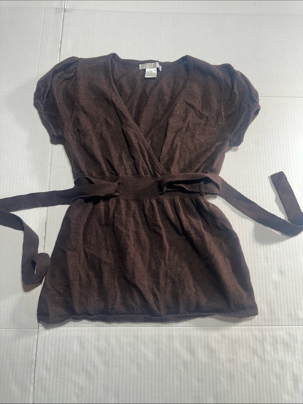 Sarah Spencer 100% Italian merino wool Brown Wrap-Style Knit Top with Tie Belt